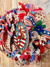 Load image into Gallery viewer, God Bless America Floral Cross Wreath | Patriotic Front Door Decor | 4th of July Memorial Day Wreath