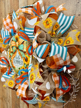Load image into Gallery viewer, Sunflower Hello Summer Wreath – Rustic Burlap & Teal Orange Mesh Front Door Decor