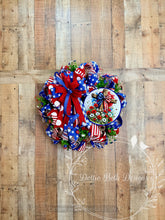 Load image into Gallery viewer, Patriotic Cross Poppy Field Wreath | Memorial Day 4th of July Front Door Decor | Red White Blue Deco Mesh Wreath