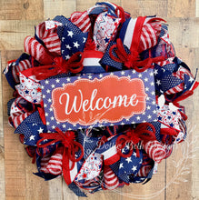 Load image into Gallery viewer, Patriotic Welcome Wreath | 4th of July Front Door Decor | Red White Blue Stars Deco Mesh Wreath
