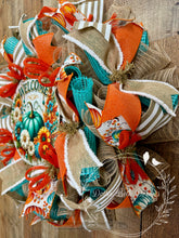 Load image into Gallery viewer, Teal Pumpkin Welcome Wreath with Orange, Burlap, and Striped Ribbons – Fall Deco Mesh Wreath