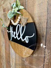 Load image into Gallery viewer, Rustic Hello Door Hanger with Burlap Bow – 16” Round