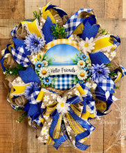 Load image into Gallery viewer, Hello Friends Blue and Yellow Spring Wreath with Daisies, Farmhouse Front Door Decor, Blue Gingham Floral Wreath