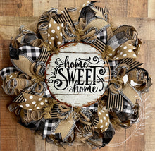 Load image into Gallery viewer, Farmhouse Home Sweet Home Wreath – Neutral Black and Tan Buffalo Check Everyday Deco Mesh Door Decor