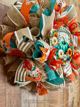 Load image into Gallery viewer, Teal Pumpkin Welcome Wreath with Orange, Burlap, and Striped Ribbons – Fall Deco Mesh Wreath