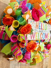 Load image into Gallery viewer, Hello and Welcome Wreath – Bright Summer Mesh Door Decor with Ranunculus