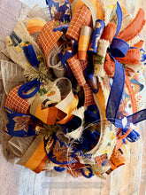 Load image into Gallery viewer, Fall Scarecrow Wreath | Navy Blue & Burnt Orange Autumn Front Door Wreath