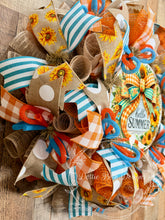 Load image into Gallery viewer, Sunflower Hello Summer Wreath – Rustic Burlap & Teal Orange Mesh Front Door Decor