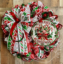 Load image into Gallery viewer, Traditional Red Green and White Merry Christmas Wreath with Candy Canes and Festive Holiday Ribbon