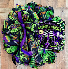 Load image into Gallery viewer, Welcome Witches Halloween Wreath | Purple Green & Black Witch Door Wreath