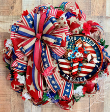 Load image into Gallery viewer, God Bless America Floral Cross Wreath | Patriotic Front Door Decor | 4th of July Memorial Day Wreath