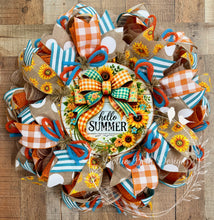 Load image into Gallery viewer, Sunflower Hello Summer Wreath – Rustic Burlap & Teal Orange Mesh Front Door Decor