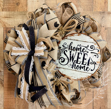 Load image into Gallery viewer, Farmhouse Home Sweet Home Wreath – Neutral Burlap Black and White Front Door Decor