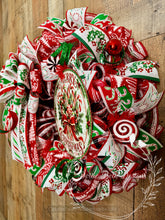 Load image into Gallery viewer, Traditional Red Green and White Merry Christmas Wreath with Candy Canes and Festive Holiday Ribbon