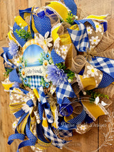 Load image into Gallery viewer, Hello Friends Blue and Yellow Spring Wreath with Daisies, Farmhouse Front Door Decor, Blue Gingham Floral Wreath
