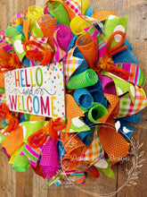 Load image into Gallery viewer, Colorful Hello and Welcome Wreath – Bright Summer Deco Mesh Door Wreath with Polka Dot Ribbon and Welcome Sign
