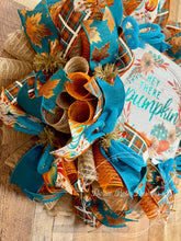 Load image into Gallery viewer, Hey There Pumpkin Fall Wreath – Teal and Orange Autumn Door Decoration