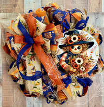 Load image into Gallery viewer, Fall Scarecrow Wreath | Navy Blue & Burnt Orange Autumn Front Door Wreath