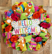 Load image into Gallery viewer, Hello and Welcome Wreath – Bright Summer Mesh Door Decor with Ranunculus