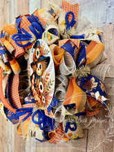 Load image into Gallery viewer, Fall Scarecrow Wreath | Navy Blue & Burnt Orange Autumn Front Door Wreath