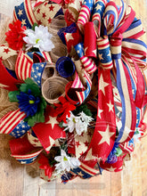 Load image into Gallery viewer, God Bless America Floral Cross Wreath | Patriotic Front Door Decor | 4th of July Memorial Day Wreath