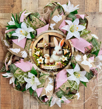 Load image into Gallery viewer, Easter Bunny Wreath with Cross Sign, Pink and Green Spring Deco Mesh Wreath, Easter Blessings Front Door Decor