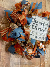 Load image into Gallery viewer, Thankful Blessed Fall Wreath – Smoke Blue and Pumpkin Orange Deco Mesh Wreath