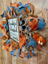 Load image into Gallery viewer, Thankful Blessed Fall Wreath – Smoke Blue and Pumpkin Orange Deco Mesh Wreath