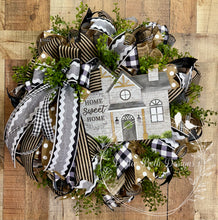 Load image into Gallery viewer, Farmhouse Home Sweet Home Wreath – Black, White, Grey, and Burlap Décor