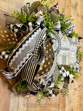 Load image into Gallery viewer, Farmhouse Home Sweet Home Wreath – Black, White, Grey, and Burlap Décor