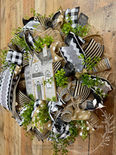 Load image into Gallery viewer, Farmhouse Home Sweet Home Wreath – Black, White, Grey, and Burlap Décor