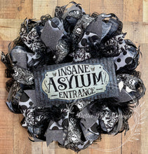 Load image into Gallery viewer, Insane Asylum Entrance Halloween Wreath – Black and Gray Gothic Skulls and Glitter