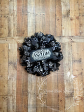 Load image into Gallery viewer, Insane Asylum Entrance Halloween Wreath – Black and Gray Gothic Skulls and Glitter