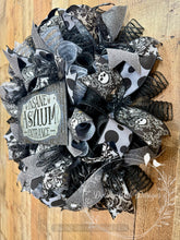 Load image into Gallery viewer, Insane Asylum Entrance Halloween Wreath – Black and Gray Gothic Skulls and Glitter
