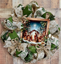 Load image into Gallery viewer, Nativity Scene Christmas Wreath with Green and Gold Ribbons