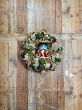 Load image into Gallery viewer, Nativity Scene Christmas Wreath with Green and Gold Ribbons