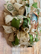 Load image into Gallery viewer, Nativity Scene Christmas Wreath with Green and Gold Ribbons