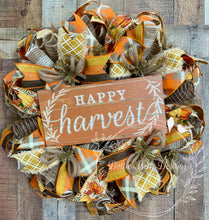 Load image into Gallery viewer, Happy Harvest Wreath with Pumpkins and Plaid Ribbon – Fall Front Door Decor