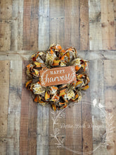 Load image into Gallery viewer, Happy Harvest Wreath with Pumpkins and Plaid Ribbon – Fall Front Door Decor