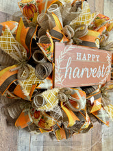 Load image into Gallery viewer, Happy Harvest Wreath with Pumpkins and Plaid Ribbon – Fall Front Door Decor