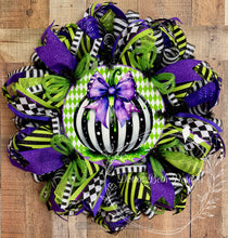 Load image into Gallery viewer, Whimsical Black & White Pumpkin Wreath – Halloween Harlequin Purple and Green