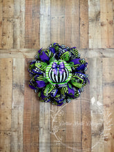 Load image into Gallery viewer, Whimsical Black & White Pumpkin Wreath – Halloween Harlequin Purple and Green