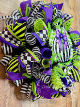 Load image into Gallery viewer, Whimsical Black & White Pumpkin Wreath – Halloween Harlequin Purple and Green