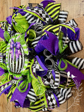 Load image into Gallery viewer, Whimsical Black & White Pumpkin Wreath – Halloween Harlequin Purple and Green