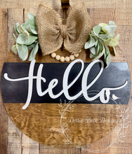 Load image into Gallery viewer, Rustic Hello Door Hanger with Burlap Bow and Greenery – 16” Wood Round