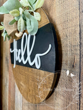 Load image into Gallery viewer, Rustic Hello Door Hanger with Burlap Bow and Greenery – 16” Wood Round