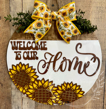 Load image into Gallery viewer, Sunflower Welcome to Our Home Door Hanger – Fall Floral Wood Sign, 16”