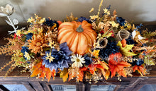 Load image into Gallery viewer, Pumpkin Fall Centerpiece with Navy, Burnt Orange & Cream Florals – 33” Long
