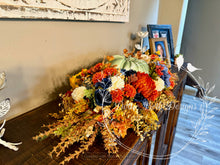Load image into Gallery viewer, Fall Centerpiece with Green Pumpkin, Navy, Cream and Burnt Orange Florals – 33” Long