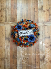 Load image into Gallery viewer, Thankful Fall Wreath with Blue Pumpkins, Navy and Rust Orange Flowers, Rustic Thanksgiving Door Decor
